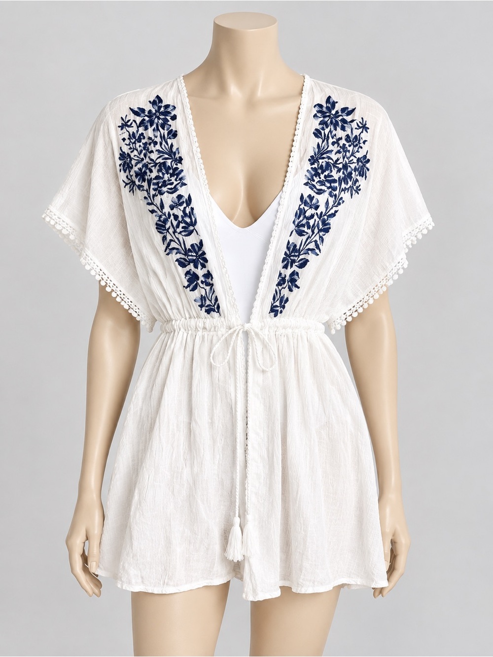 Raviya Embroidered Swim Cover Up Size XO White Blue Eyelet Trim Front Tassel Tie